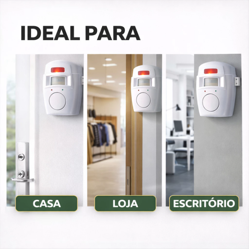 Alarme residencial sem fio com sensor de movimento e dois controles remotos.