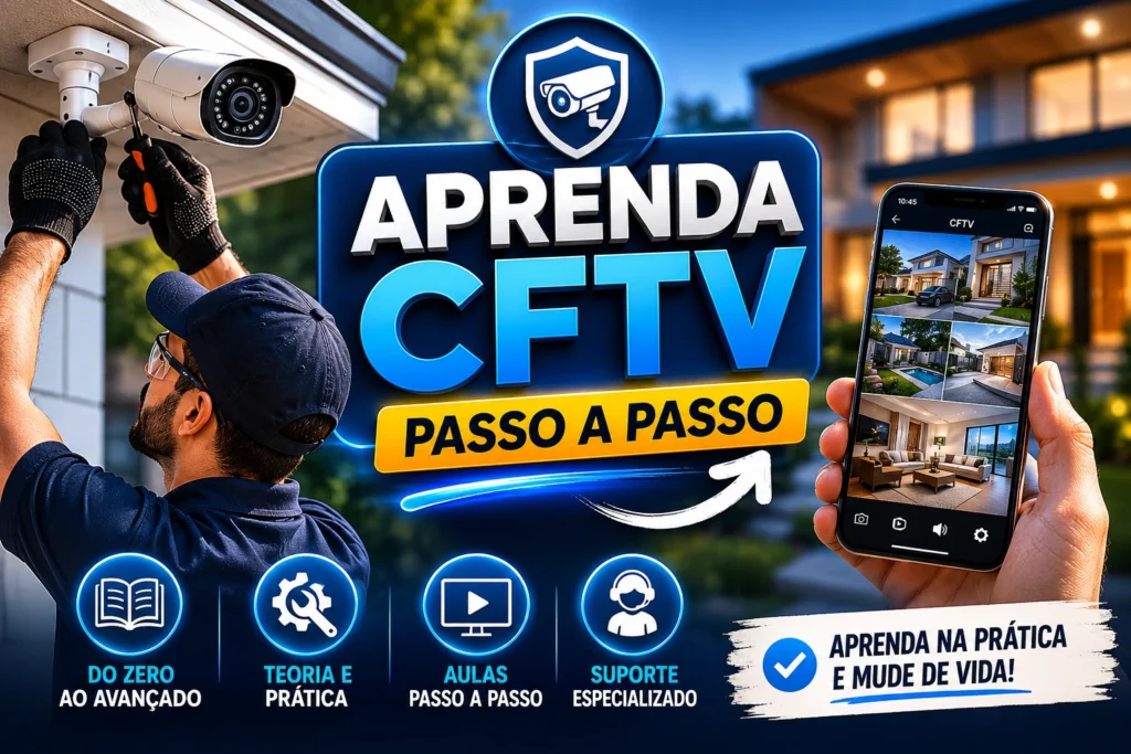Curso de CFTV com aulas práticas de instalação de câmeras, configuração de sistemas de segurança e monitoramento remoto.