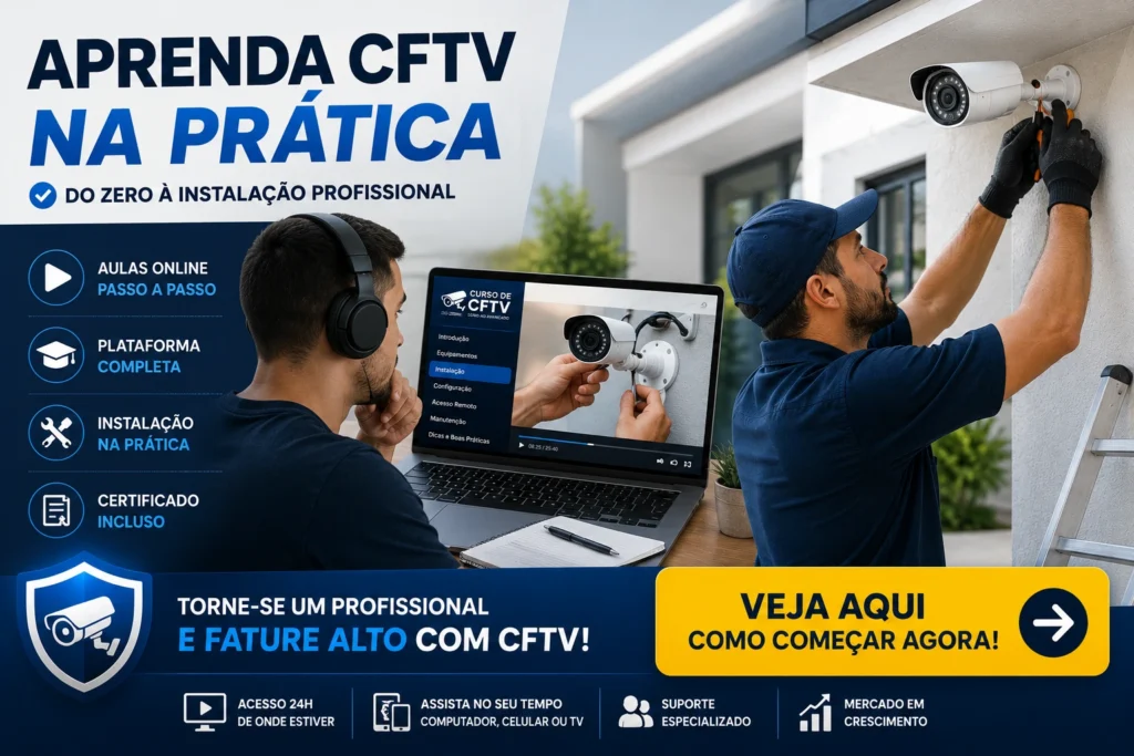 Curso de CFTV online com treinamento prático em instalação de câmeras de segurança, configuração de sistemas e monitoramento eletrônico.