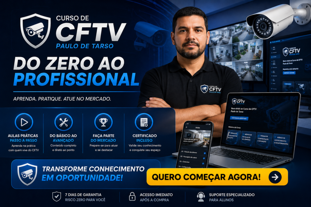 Curso de CFTV Paulo de Tarso com treinamento prático em instalação de câmeras, monitoramento eletrônico, configuração de sistemas e formação profissional em segurança eletrônica.