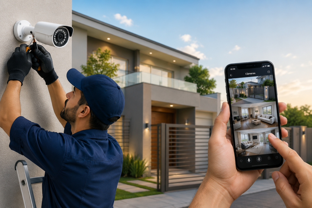 Instalação de câmera de segurança residencial com monitoramento remoto pelo celular.