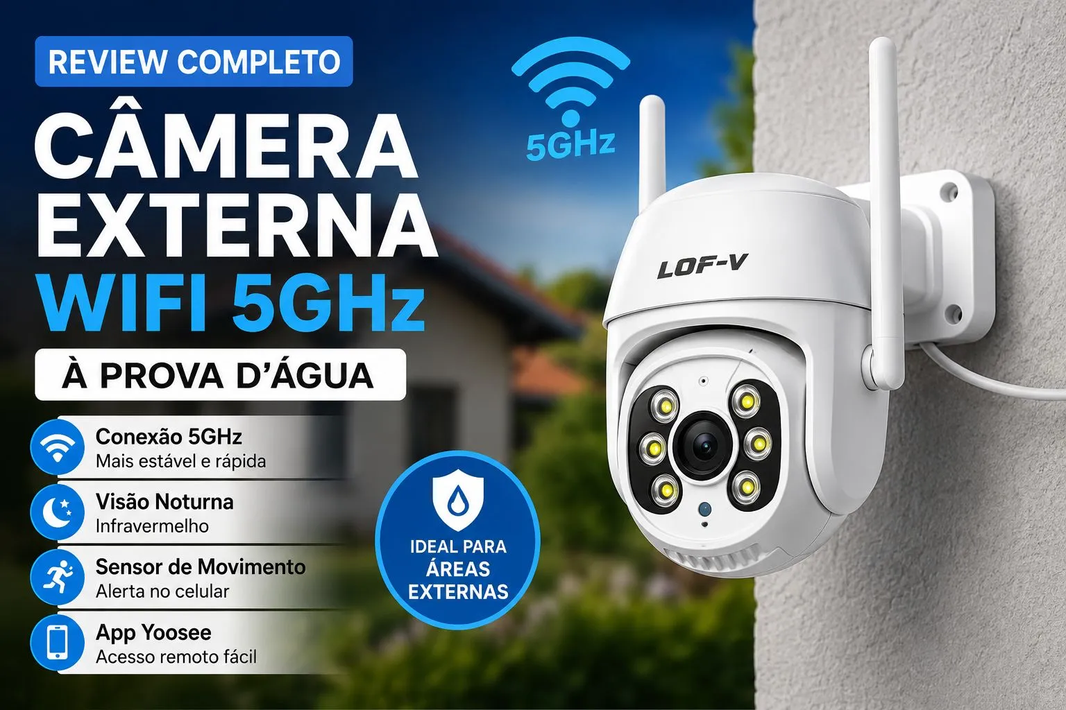 Câmera externa WiFi 5GHz com visão noturna, sensor de movimento e aplicativo Yoosee para segurança residencial.