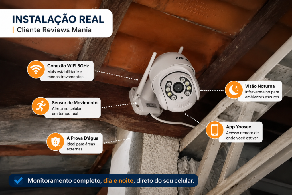 Câmera externa WiFi 5GHz com app Yoosee instalada em área externa residencial.
