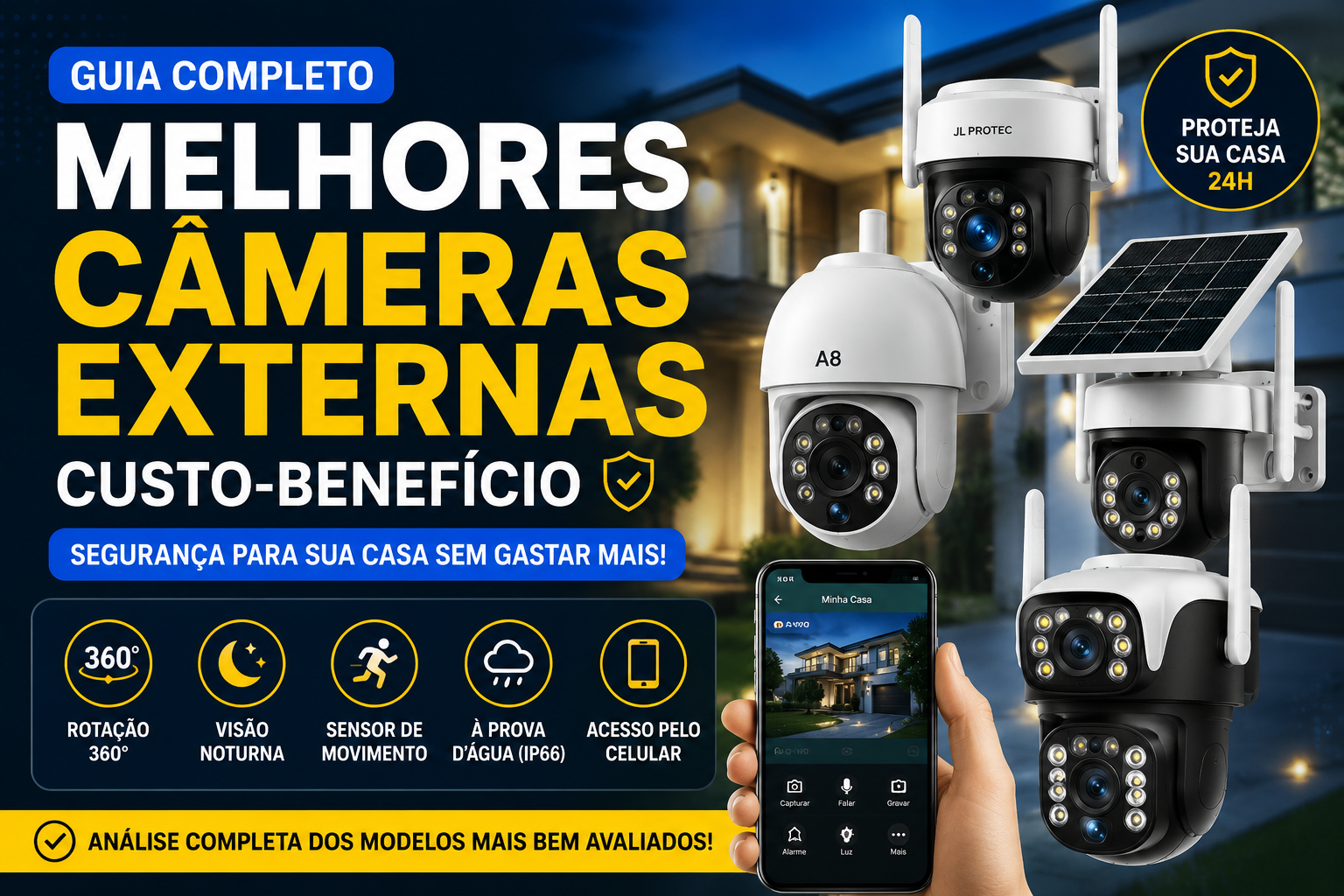 Comparativo das melhores câmeras de segurança externas custo-benefício com destaque para modelos WiFi, visão noturna, rotação 360°, sensor de movimento, proteção IP66 e monitoramento remoto pelo celular.
