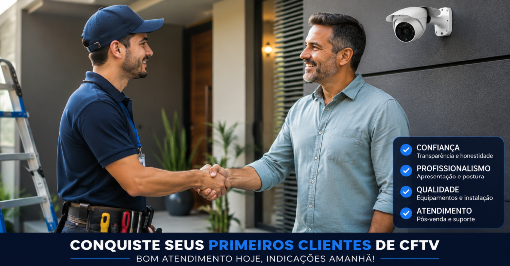 Técnico de CFTV atendendo cliente residencial e conquistando os primeiros serviços de instalação de câmeras através de um atendimento profissional.