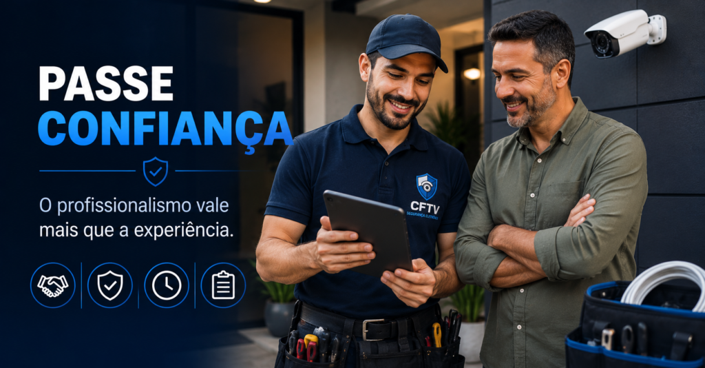 Profissional de CFTV apresentando orçamento ao cliente e transmitindo confiança através de um atendimento profissional e organizado.