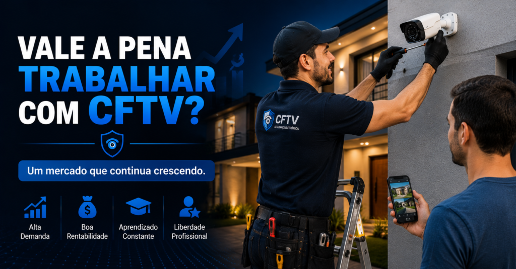 Técnico de CFTV instalando câmera de segurança residencial enquanto cliente acompanha o serviço pelo celular, representando as oportunidades do mercado de segurança eletrônica.