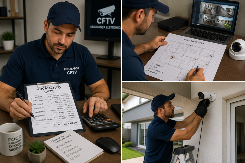 Profissional de CFTV elaborando orçamento, analisando projeto de instalação de câmeras de segurança e configurando sistema de monitoramento residencial.