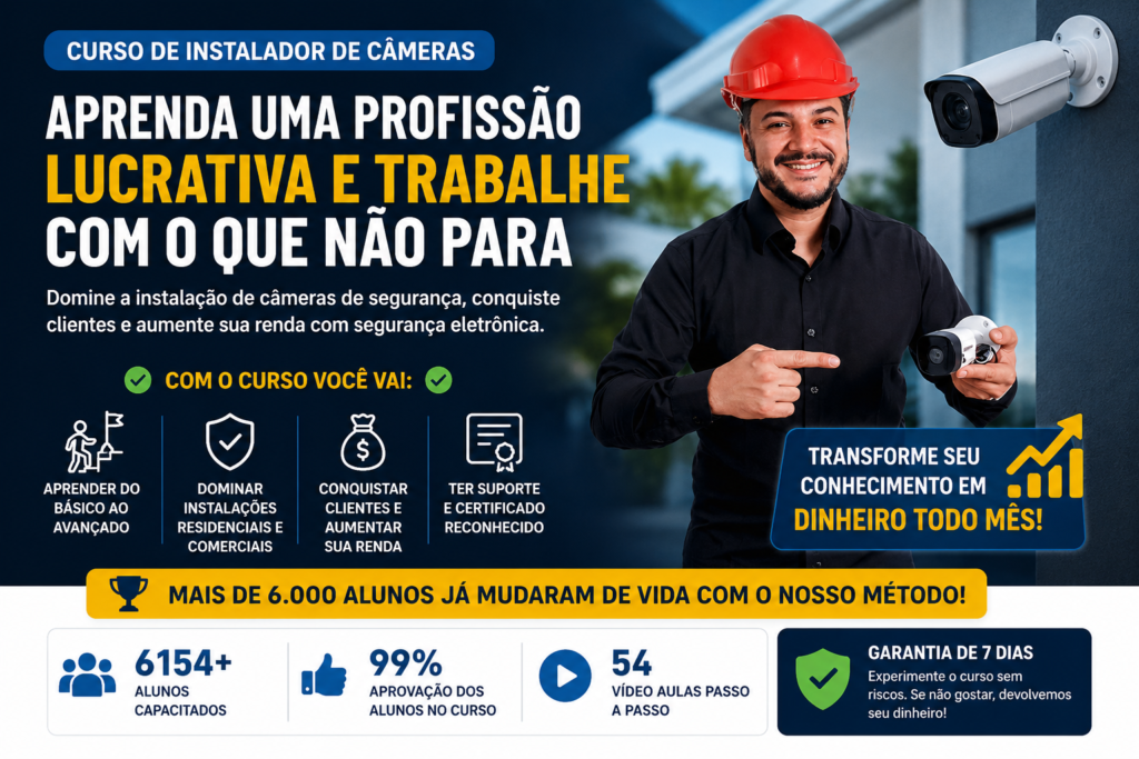 Curso de instalador de câmeras ensinando instalação de CFTV, configuração de sistemas de segurança eletrônica e oportunidades para trabalhar na área.