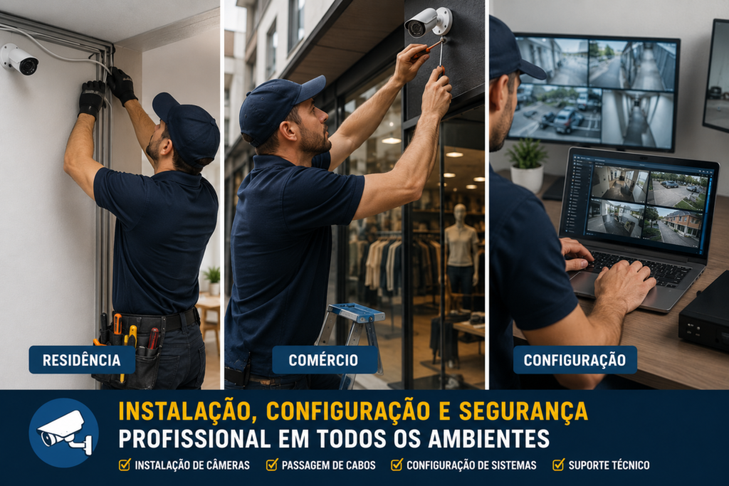 Técnico realizando passagem de cabos em residência, instalação de câmeras em comércio e configuração de sistema de monitoramento pelo notebook.