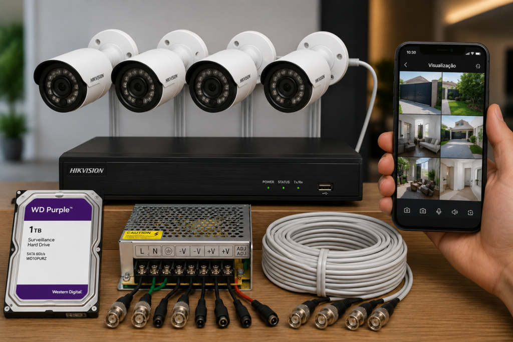 Kit completo de CFTV com DVR, HD, fonte, quatro câmeras de segurança, cabos organizados e smartphone exibindo as imagens em tempo real.