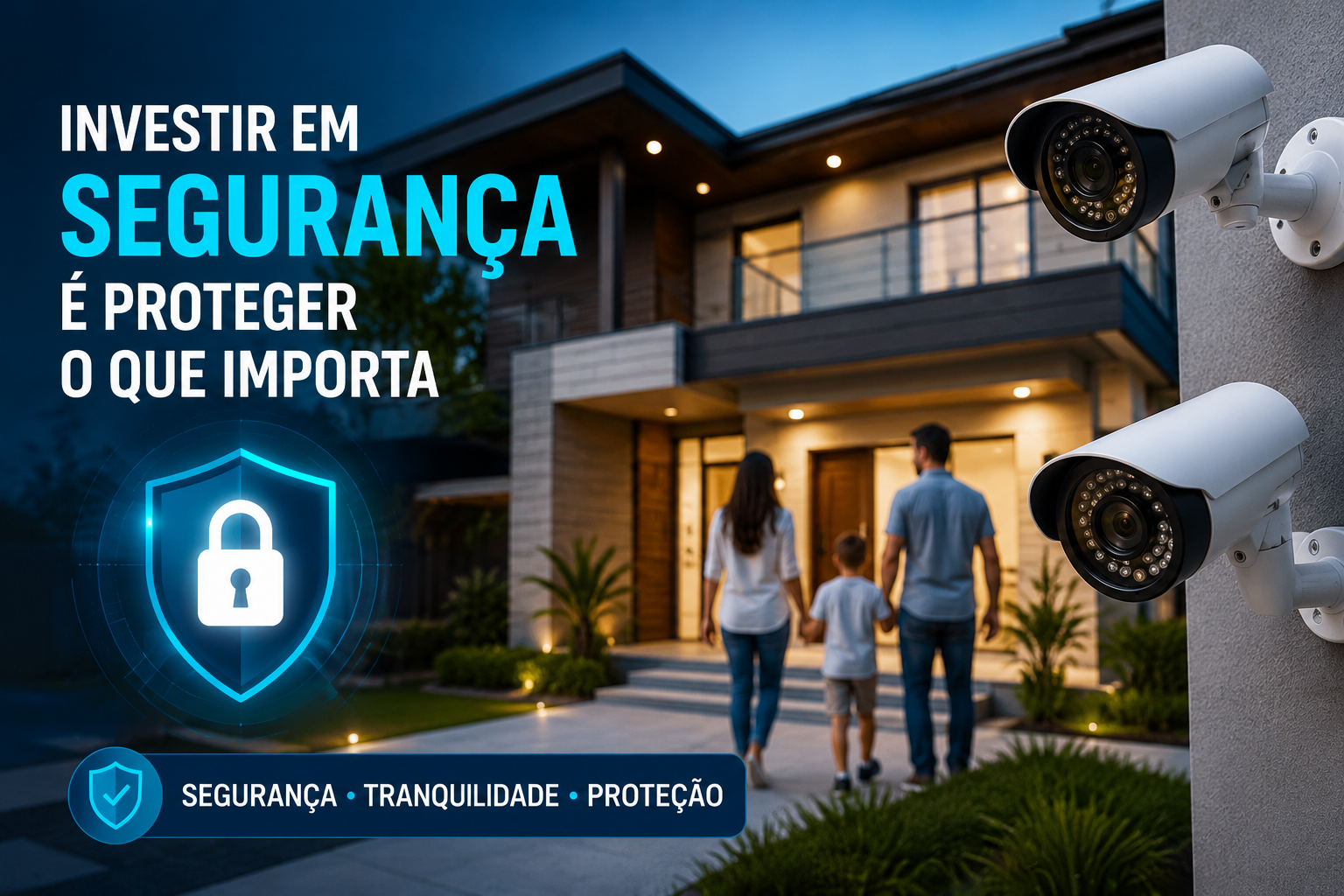 Casa moderna com câmeras de segurança instaladas mostrando um sistema de segurança residencial completo.