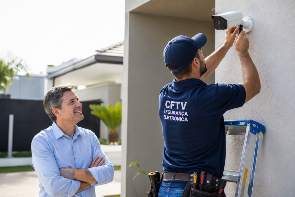 Técnico profissional realizando instalação de câmera de segurança CFTV em residência enquanto cliente acompanha o serviço.