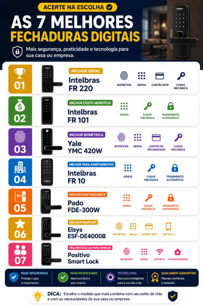 Confira esse infográfico demonstrando as 7 melhores fechaduras digitais do mercado.
