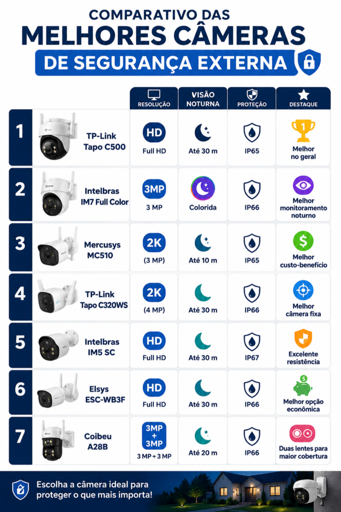 Infográfico com comparativo das melhores câmeras de segurança externa, incluindo resolução, alcance da visão noturna, certificação IP e principais diferenciais de sete modelos.