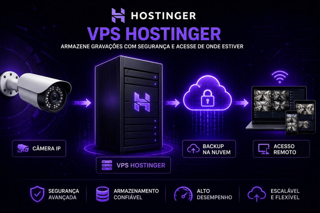 VPS Hostinger funciona para armazenar gravações de câmeras? Ilustração mostrando câmera IP, servidor VPS, backup na nuvem e acesso remoto.