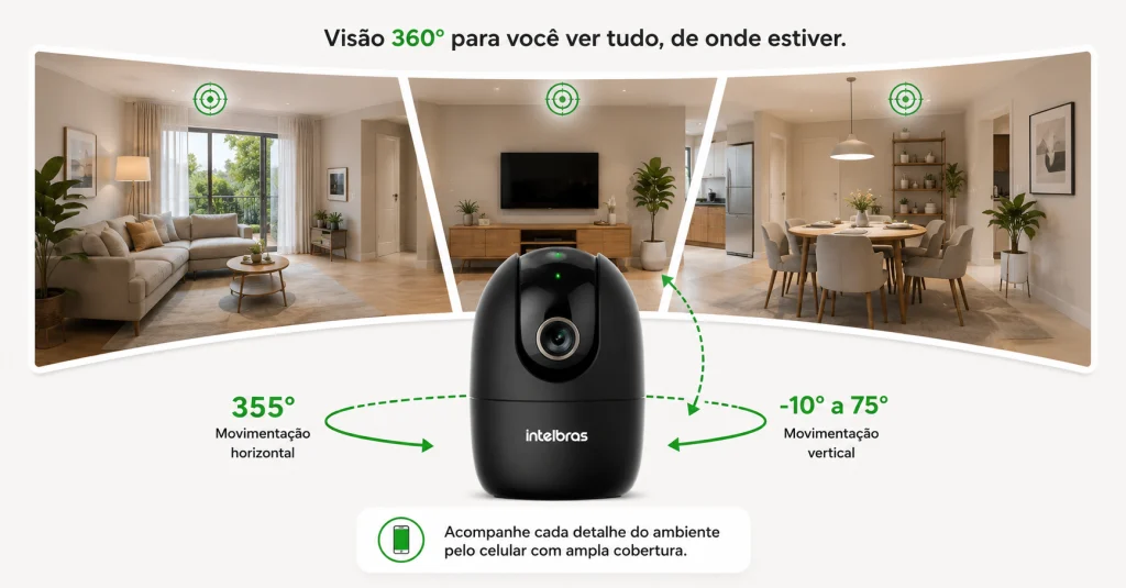 Câmera Intelbras iM4 C Black com movimentação 360° para monitoramento de ambientes internos.