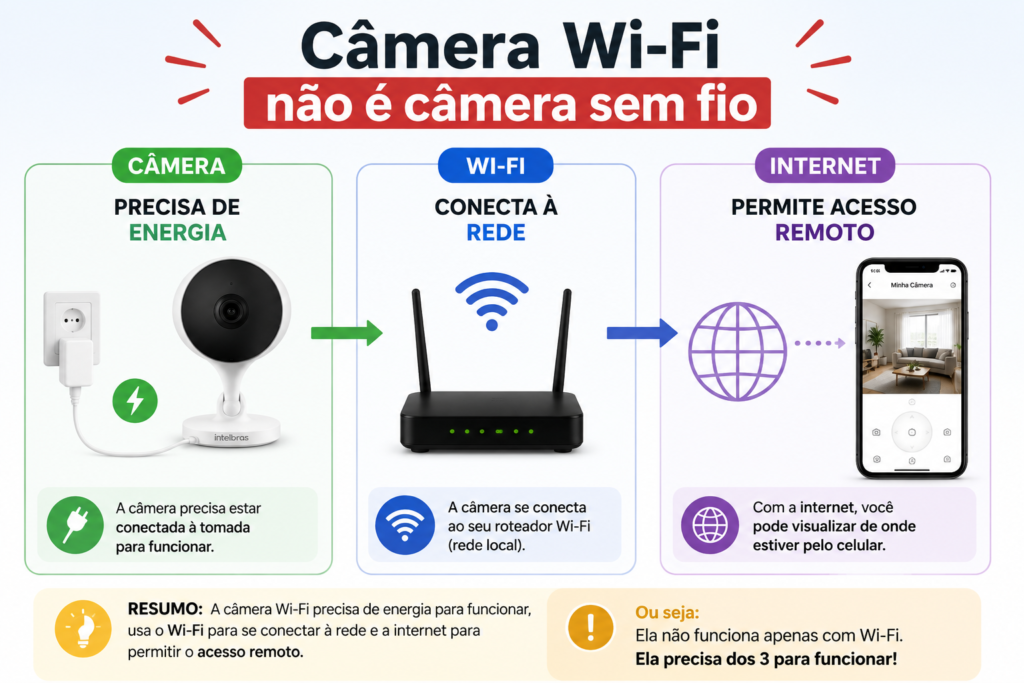 Infográfico explicando que a câmera Wi-Fi precisa de energia, usa Wi-Fi para se conectar à rede e depende da internet para permitir acesso remoto pelo celular.