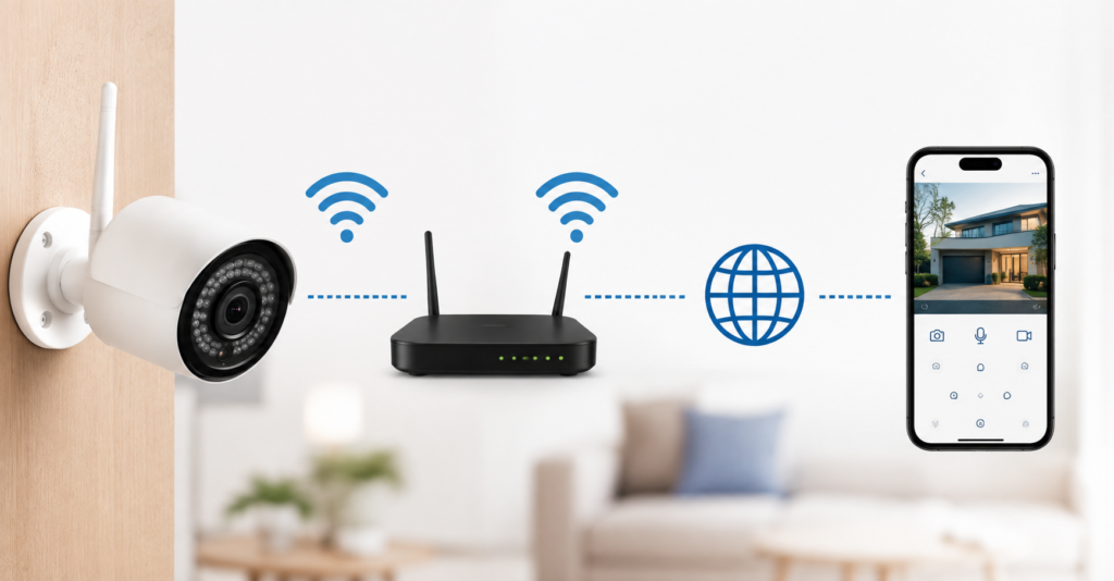 Câmera de segurança WiFi conectada ao roteador, à internet e ao celular.