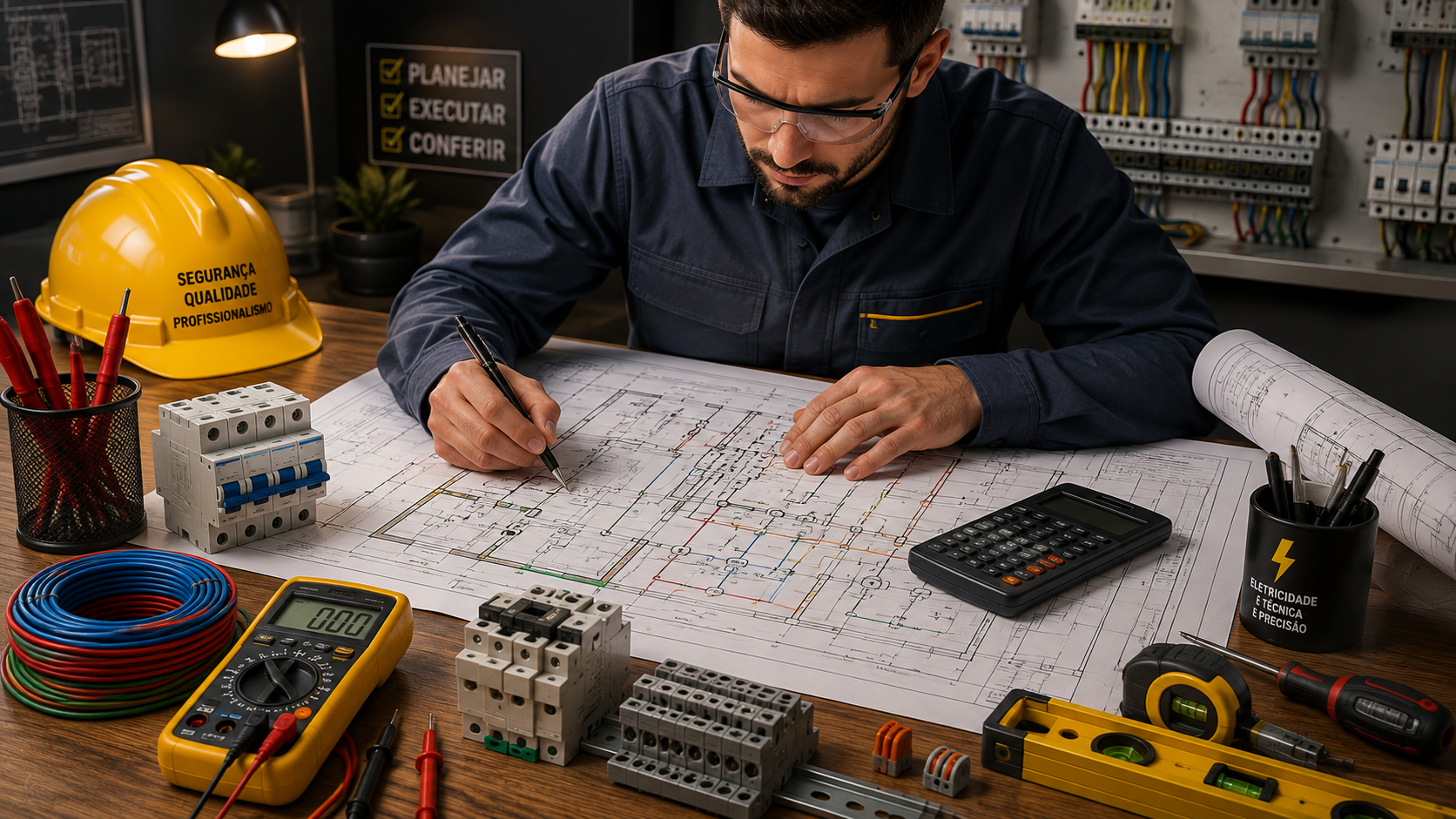 Profissional analisando projeto elétrico com plantas, instrumentos de medição e componentes elétricos