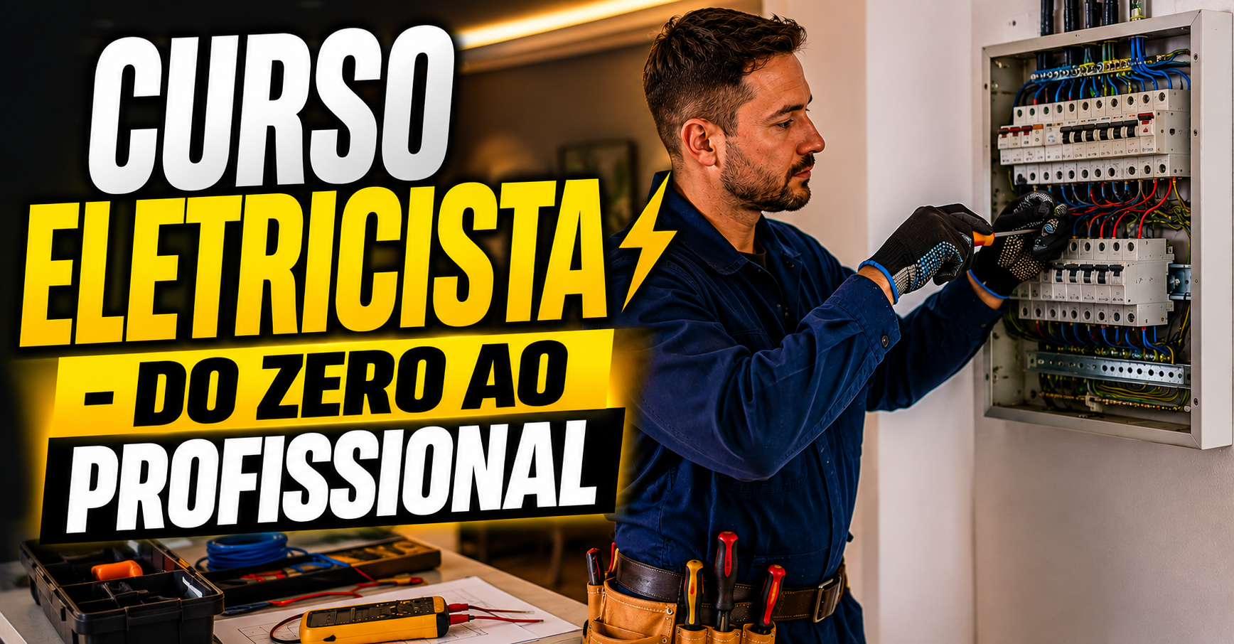 Curso de eletricista do zero ao profissional com eletricista trabalhando em quadro elétrico residencial.