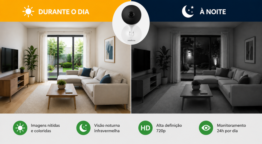 Câmera Intelbras iM3 C mostrando a qualidade da imagem durante o dia e a visão noturna infravermelha.