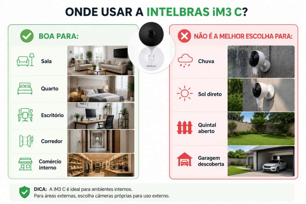 Infográfico mostrando os ambientes internos indicados para a Intelbras iM3 C e locais externos onde ela não é recomendada, como chuva, sol direto, quintal aberto e garagem descoberta.