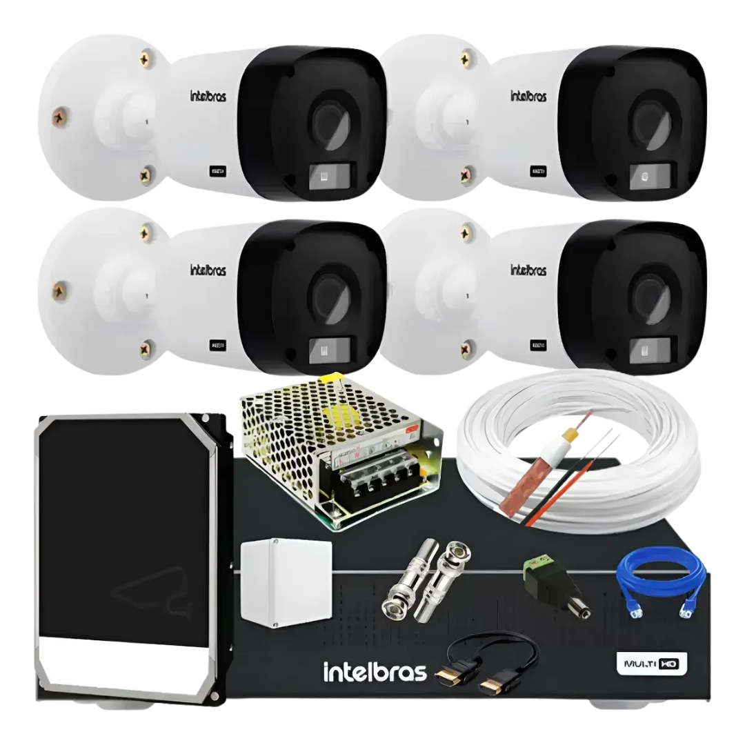 Kit Intelbras com 4 câmeras de segurança residencial e DVR