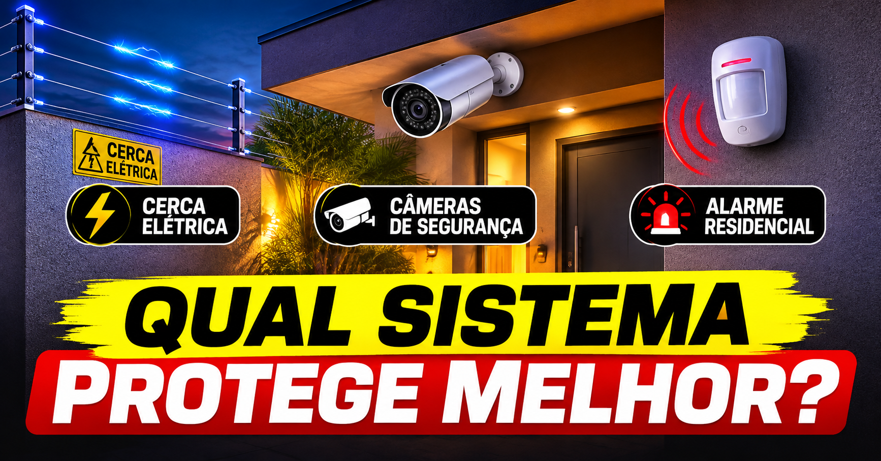 Sistema de segurança residencial com cerca elétrica, câmeras e alarme.