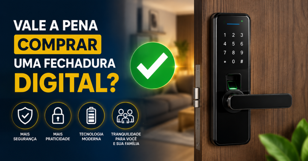 Fechadura digital instalada em porta de madeira ilustrando as vantagens de investir em mais segurança, praticidade e tecnologia para casas e apartamentos.
