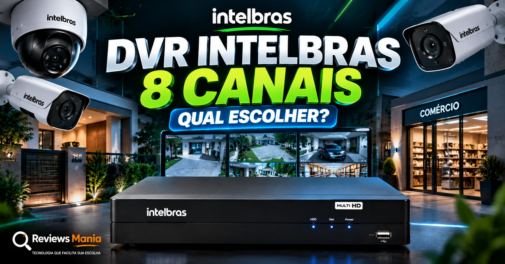 DVR Intelbras 8 canais com câmeras de segurança para sistema de CFTV.