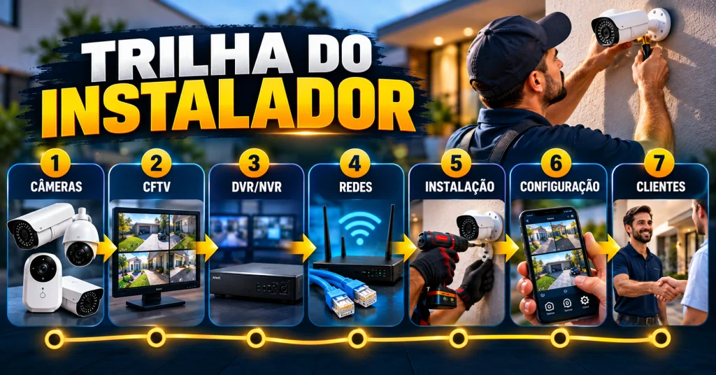 Trilha do instalador de CFTV com câmeras, DVR/NVR, redes, instalação, configuração e clientes