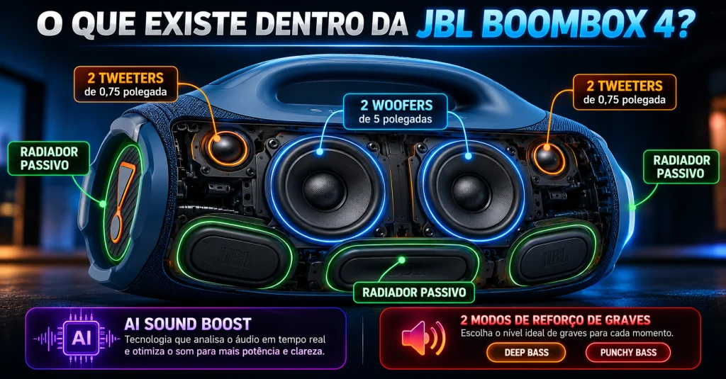 Infográfico da JBL Boombox 4 com dois woofers de 5 polegadas, dois tweeters de 0,75 polegada, três radiadores passivos, tecnologia AI Sound Boost e modos Deep Bass e Punchy Bass.